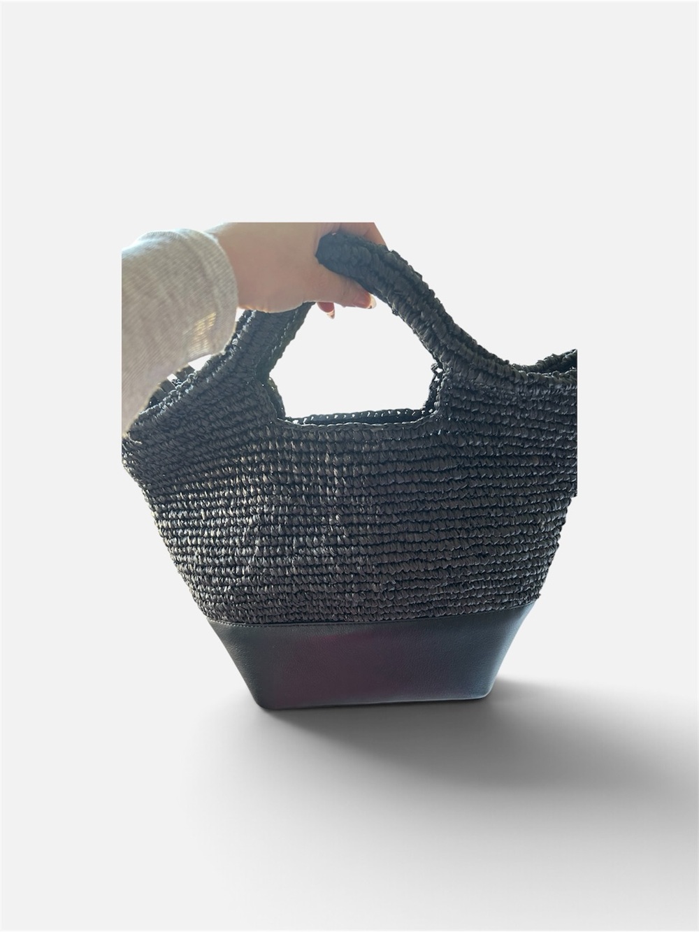 Massimo Dutti Black Raffia Tote Bag with Leather Trim
